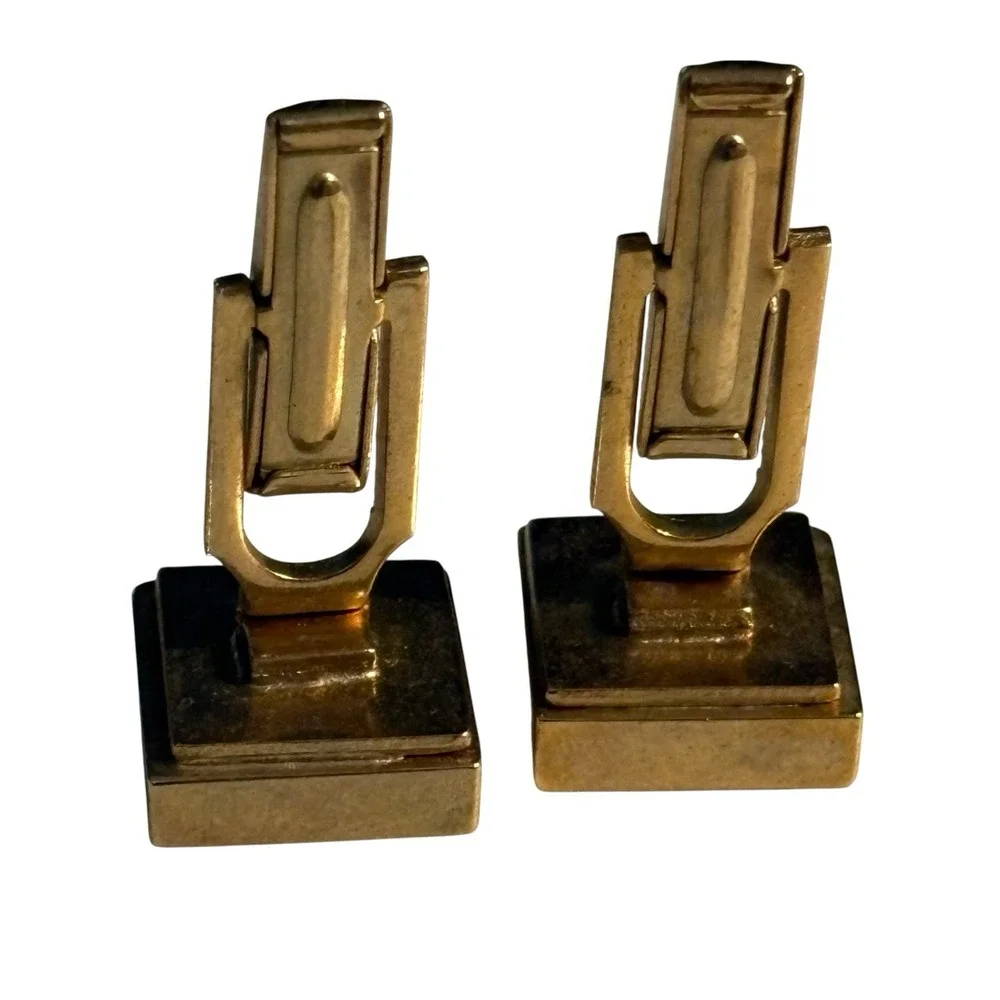 Vintage Cufflinks Roman Trojan‎ Greek Soldier Gold Tone Black Center Square